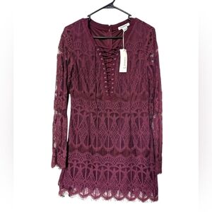 Glamorous Elegant Lace-Up Front Burgundy Wine Boho Fairy Dress Size Large